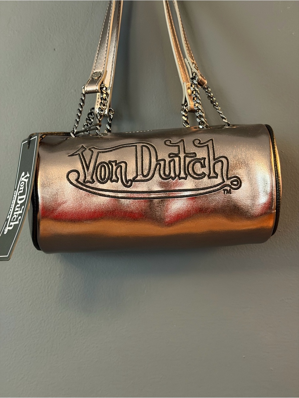Von Dutch Metallic Copper Barrel Shoulder Bag